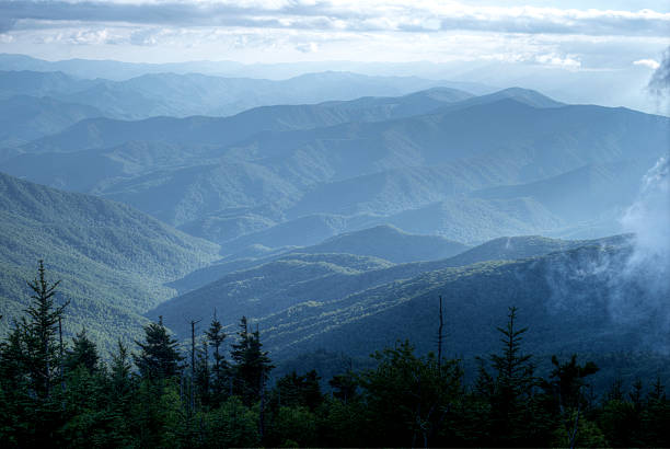 layers of the great smoky mountains at sunset. - great smoky mountains great smoky mountains national park mountain smoke imagens e fotografias de stock