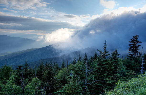 wechselnde wolkenlandschaft in den great smoky mounains. - blue ridge mountains appalachian mountains appalachian trail forest stock-fotos und bilder