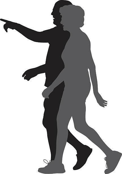 illustrazioni stock, clip art, cartoni animati e icone di tendenza di indicando l'uomo che cammina con la donna. - donna profilo braccia alzate