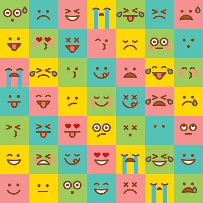 A simple set of 49 different emoji faces. Emotions include happy, sad, surprised, hungry, dead, upset, angry, ambivalent, in love, and so on.