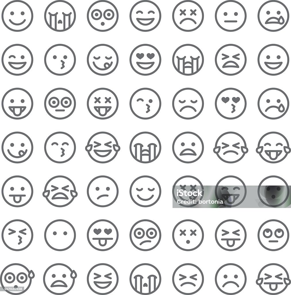 Cute Set of Simple Emojis A simple set of 49 different emoji faces. Emotions include happy, sad, surprised, hungry, dead, upset, angry, ambivalent, in love, and so on. Emoticon stock vector