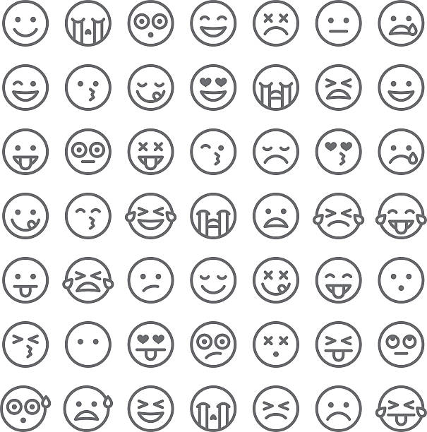Cute Set of Simple Emojis A simple set of 49 different emoji faces. Emotions include happy, sad, surprised, hungry, dead, upset, angry, ambivalent, in love, and so on. anthropomorphic smiley face stock illustrations