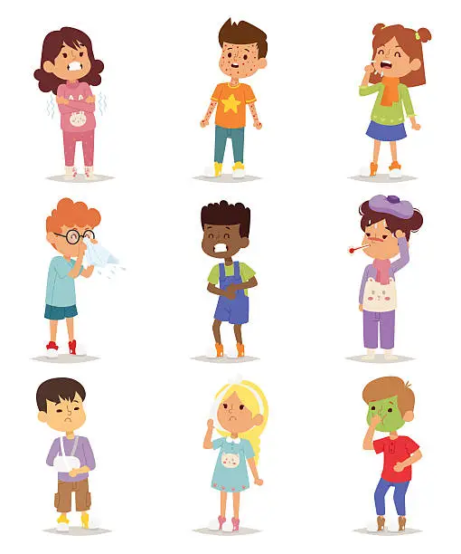 Vector illustration of Sick children vector set.