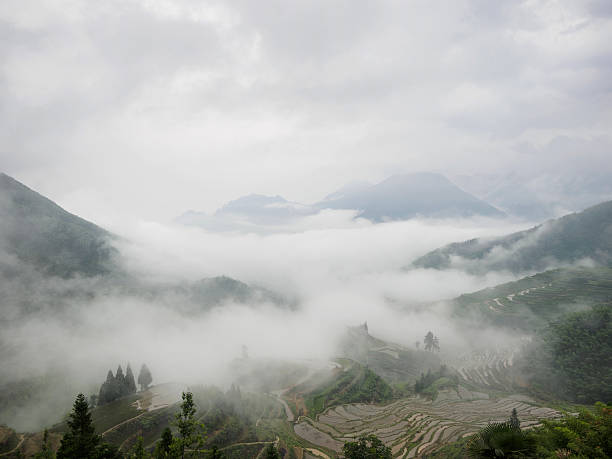 bergterrassenlandschaft im wolkenmeer - zhejiang provinz stock-fotos und bilder