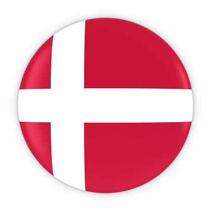 Soccer ball textured with Danish flag sitting on white background. Horizontal composition with copy space. Clipping path is included. Qatar 2022 World Cup qualifiers concept.