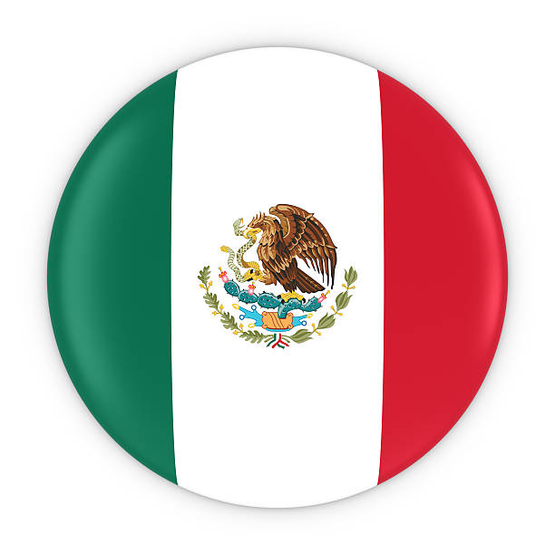 mexican flag button - flag of mexico badge 3d illustration - mexican flag mexico flag digitally generated image imagens e fotografias de stock