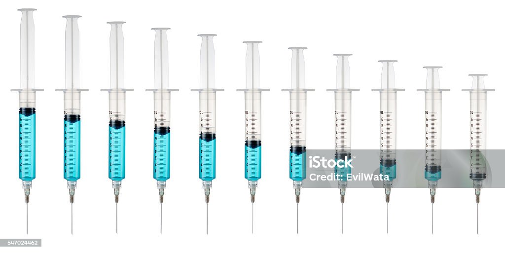 Plastic medical syringe isolated on white background Plastic medical syringe filled with cyan liquid and isolated on white background with clipping path Syringe Stock Photo