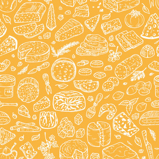 ilustrações de stock, clip art, desenhos animados e ícones de mão desenhada vector sem costura com desenhos de queijo padrão - cheese food swiss cheese dairy product