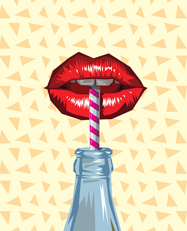 A Cartoon with red lips drinking soda with a straw with pink stripes. Crafted in Adobe Illustrator, objects and their color can be easily modified.