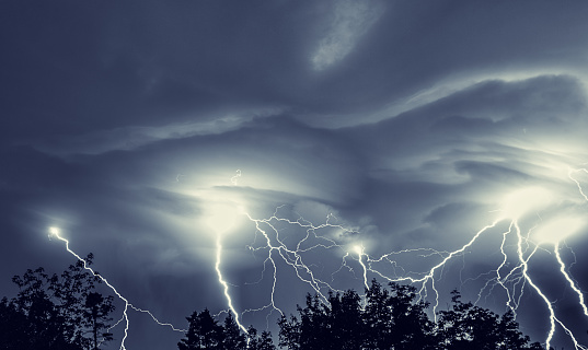 Multiple forks of lightning pierce the night sky.  Long exposure.
