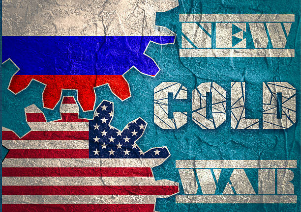 Russia confrontation United States America concept Cold War Russia confrontation United States America concept Cold War. Concrete textured. Flags on gears cold war photos stock pictures, royalty-free photos & images