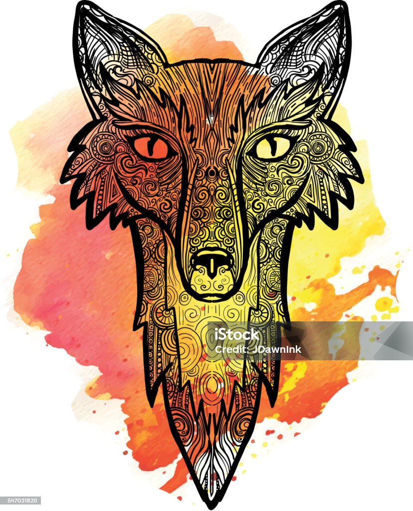 Fox doodle drawing hand drawn on watercolor texture Vector illustration of a very ornate doodle fox on watercolor texture. Lot's of detail. Animal Body Part stock vector