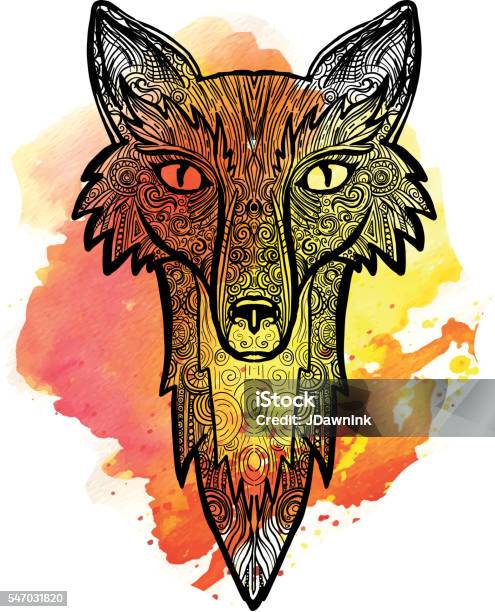 Fox Doodle Drawing Hand Drawn On Watercolor Texture Stock Illustration - Download Image Now