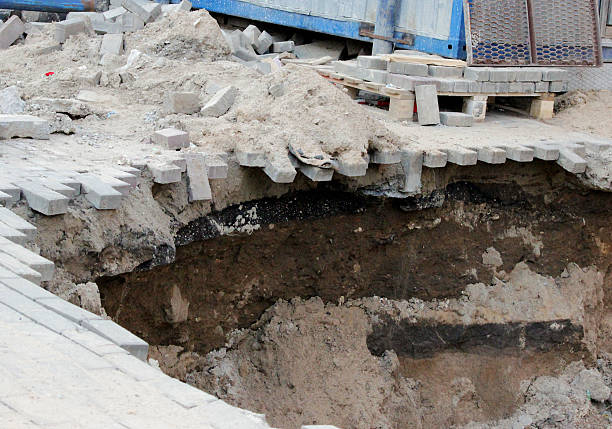 istock pavement of stone tiles was destroyed during the construction  the 547038914