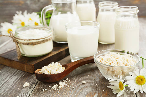 Dairy products and camomile stock photo