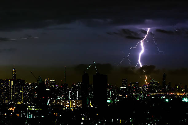istock Thunder storm lighting bolt on the horizontal sky and cityscape 547041212