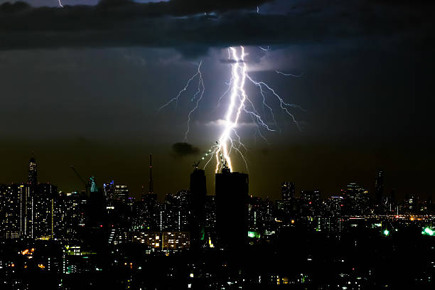 istock Thunder storm lighting bolt on the horizontal sky and cityscape 547041526