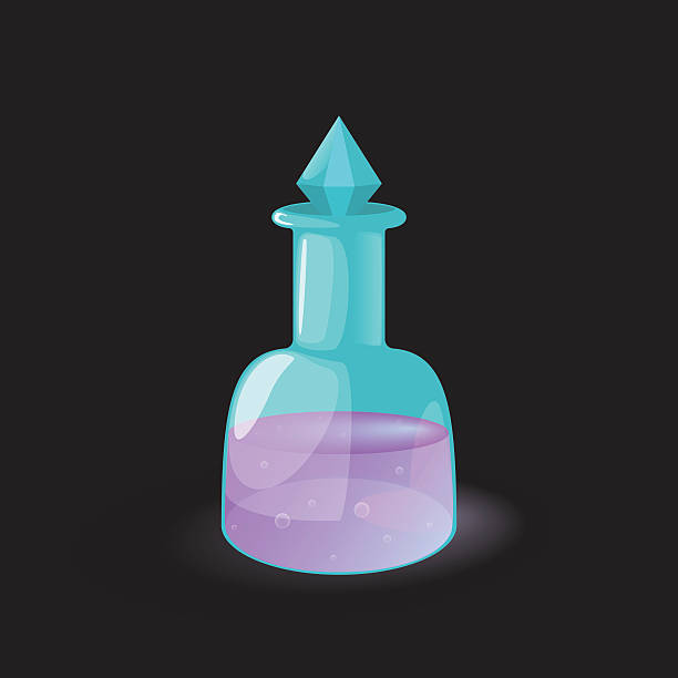 ilustraciones, imágenes clip art, dibujos animados e iconos de stock de poción púrpura mágica en el icono del juego de la botella azul. - antidote toxic substance ingredient bottle