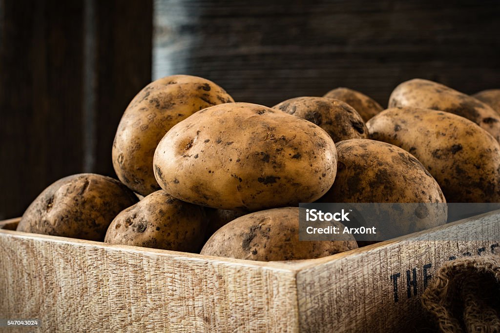 Raw potatoes Heirloom potatoes in a wooden box, close up Raw Potato Stock Photo