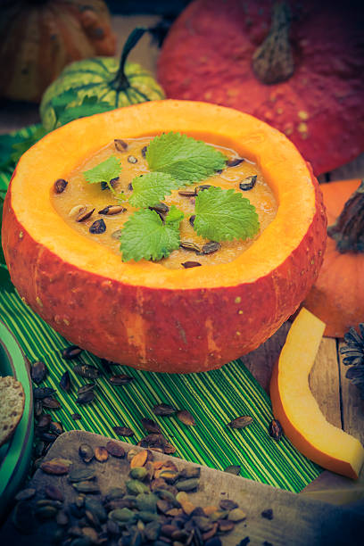 istock Pumpkin soup served hollow fruit vintage 547043160