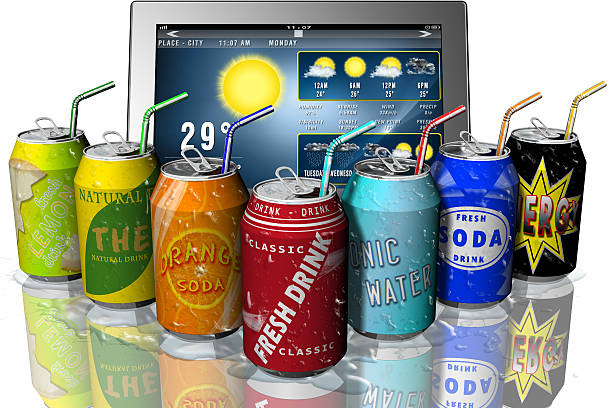 Tablet Drink - Soft drink Weather application displays: Summer. tear gas can stock pictures, royalty-free photos & images