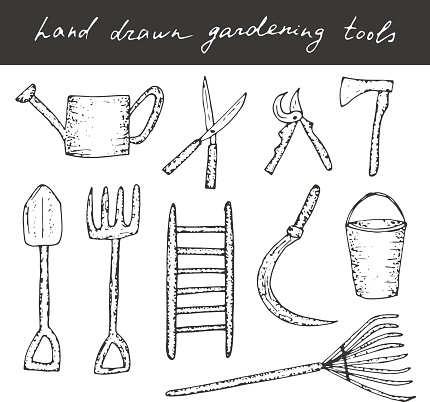 Vector hand drawn gardening, farming tools. Cute vector dooles.