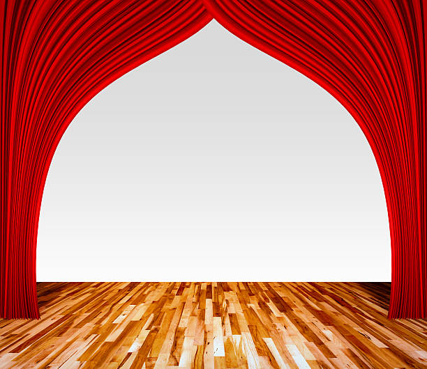 istock Background with red curtain and wooden floor interior background 547050118