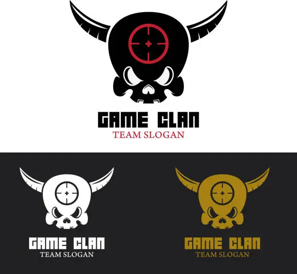 Vector illustration of Game clan emblem template. Human skull with horns.