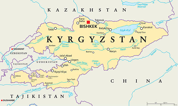Kyrgyzstan Political Map Kyrgyzstan political map with capital Bishkek, national borders, important cities, rivers and lakes. Kyrgyz Republic, formerly known as Kirghizia. Landlocked country in Central Asia. English labeling. bishkek stock illustrations