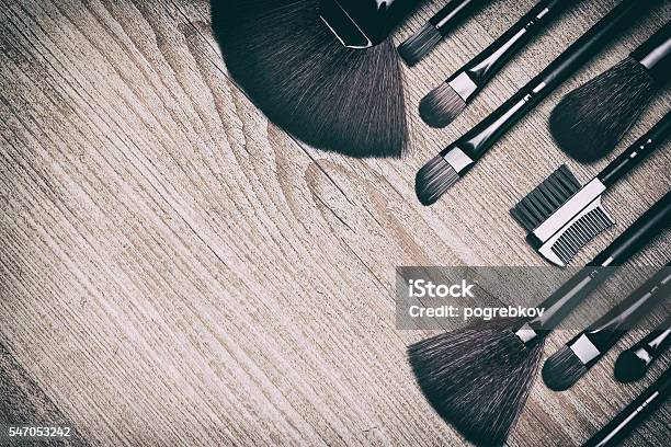 Beauty Background With Various Makeup Brushes Stock Photo - Download Image Now - Make-Up Artist, Applying, Artist