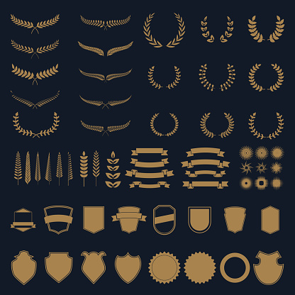 Set of gold vector wreaths and branches. Design element for label, emblem, sign, badge. Vector illustration.