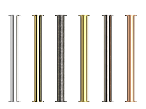 seven shades of metal pipes with joints isolated on white