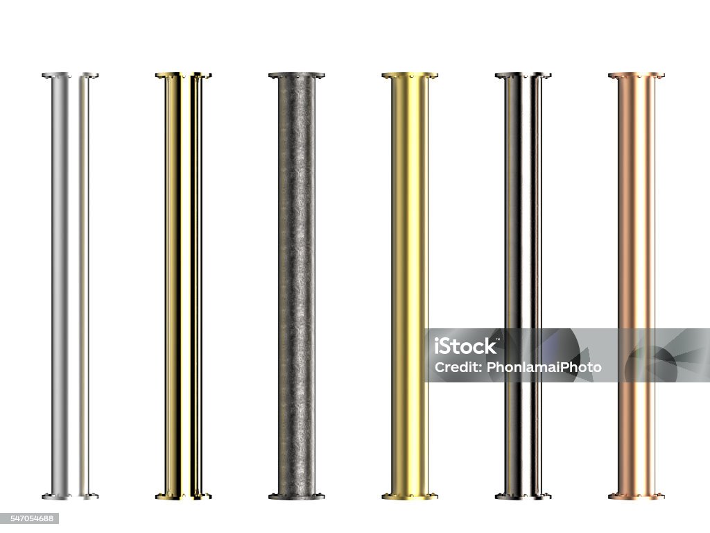 seven shades of metal pipes seven shades of metal pipes with joints isolated on white Pipe - Tube Stock Photo