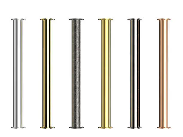 seven shades of metal pipes with joints isolated on white