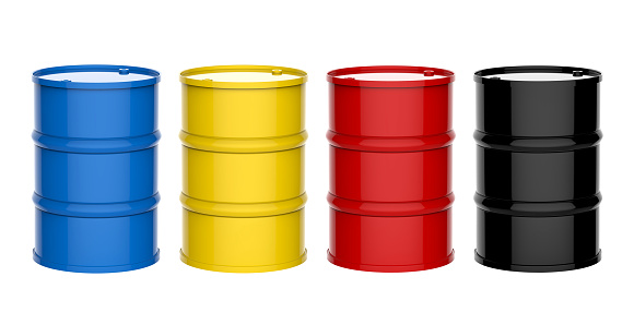 blue, yellow, red and black barrels isolated on white