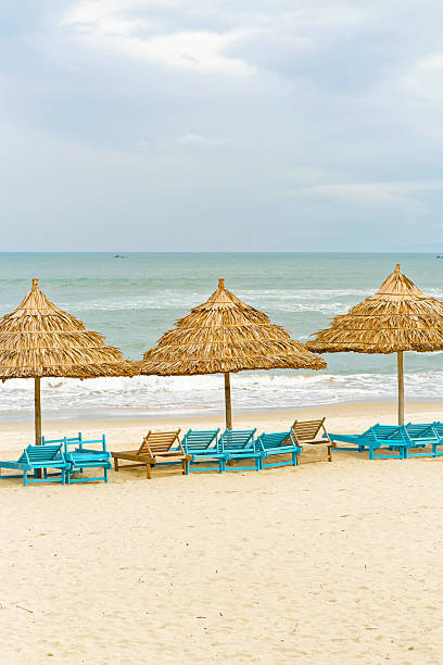 istock Palm shelters and sunbeds in China Beach in Danang 547124040