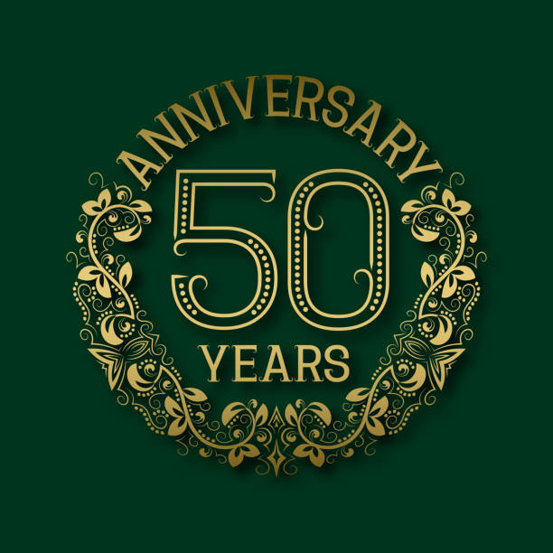 Golden emblem of fiftieth years anniversary. Golden emblem of fiftieth years anniversary. Celebration patterned insignia with shadow on green. fiftieth stock illustrations