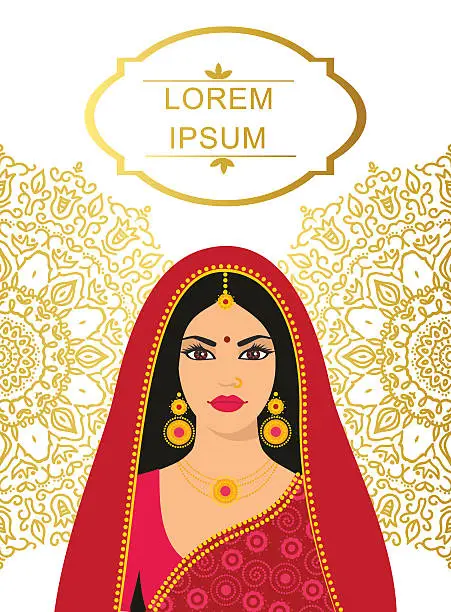 Vector illustration of Beautiful Indian brunette young woman in colorful sari.