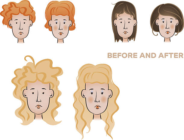 Makeover Vector isolated women before and after hairdo and makeup. Gradient and transparency were used to create this illustration teenage girl before and after make up stock illustrations