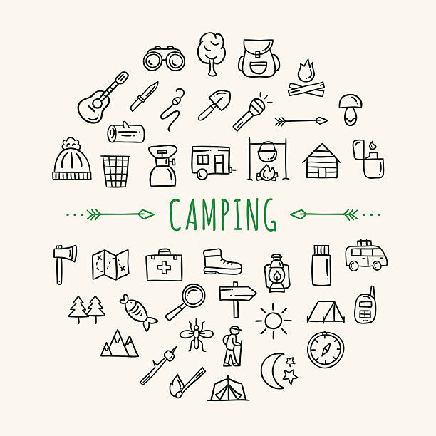 Camping icons hand drawn doodle symbols traveling, nature and camping Camping icons hand drawn doodle symbols traveling, nature and camping camping drawings stock illustrations