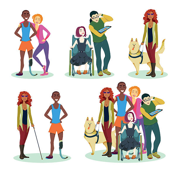 Happy disabled people with friends. Happy disabled Children with friends: Special needs Blind teenager, artificial limb, embraces, wheelchair, training, help.Caring for Handicapped Kids.Hand drawn Vector illustration,Isolated on white preschool building stock illustrations