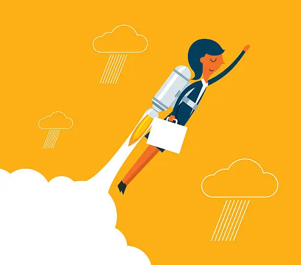 Vector illustration of Businesswoman with a rocket rising