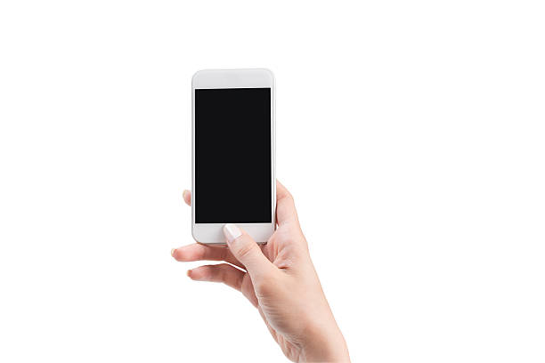 mujer mano sosteniendo el teléfono inteligente con camino - fondo blanco fotos fotografías e imágenes de stock