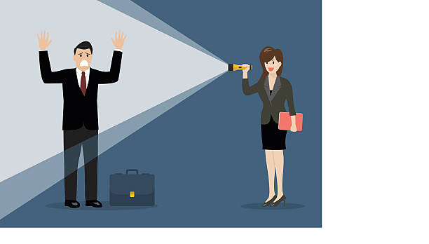 ilustrações de stock, clip art, desenhos animados e ícones de business woman holding flashlight glow to businessman - red handed