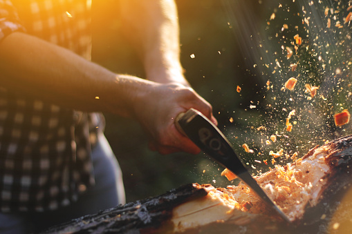 Strong lumberjack chopping wood, chips fly apart