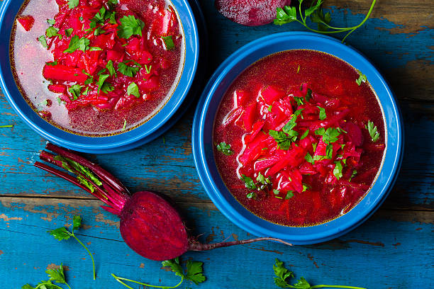 Borsh. Russian and Ucrainian traditional vegetarian red soup. Top view stock photo