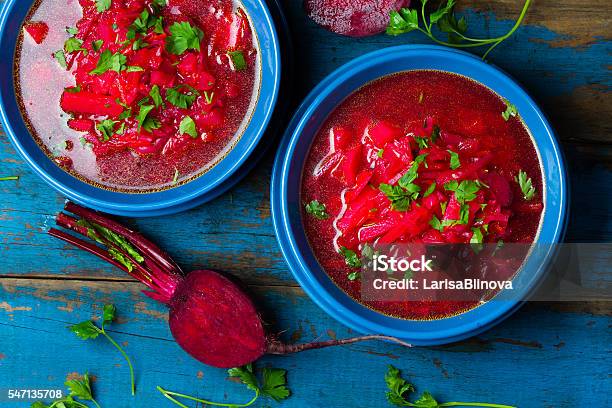 Borsh Russian And Ucrainian Traditional Vegetarian Red Soup Top View Stock Photo - Download Image Now