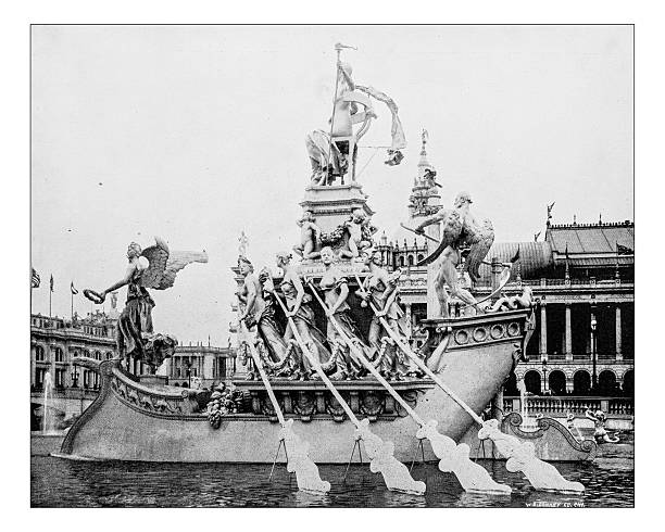Antique photograph of the Columbain fountain(World's Columbian Exposition, Chicago,USA-1893) Antique photograph of the so-called "Columbian fountain" at the World's Columbian Exposition held in Chicago (USA) in 1893. The magnificent fountain, destroyed following the fair, was in the basin (Lake Michigan) and represented the Arts and the Technologies,  lake michigan photos stock illustrations