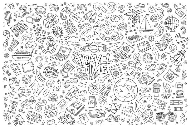 Set of travel planning objects and symbols vector art illustration