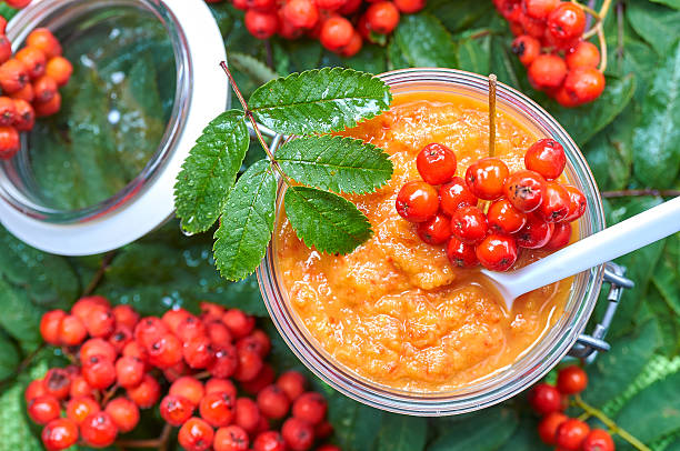 jar mit hausgemachten rowan beeren marmelade - vogelbeere stock-fotos und bilder